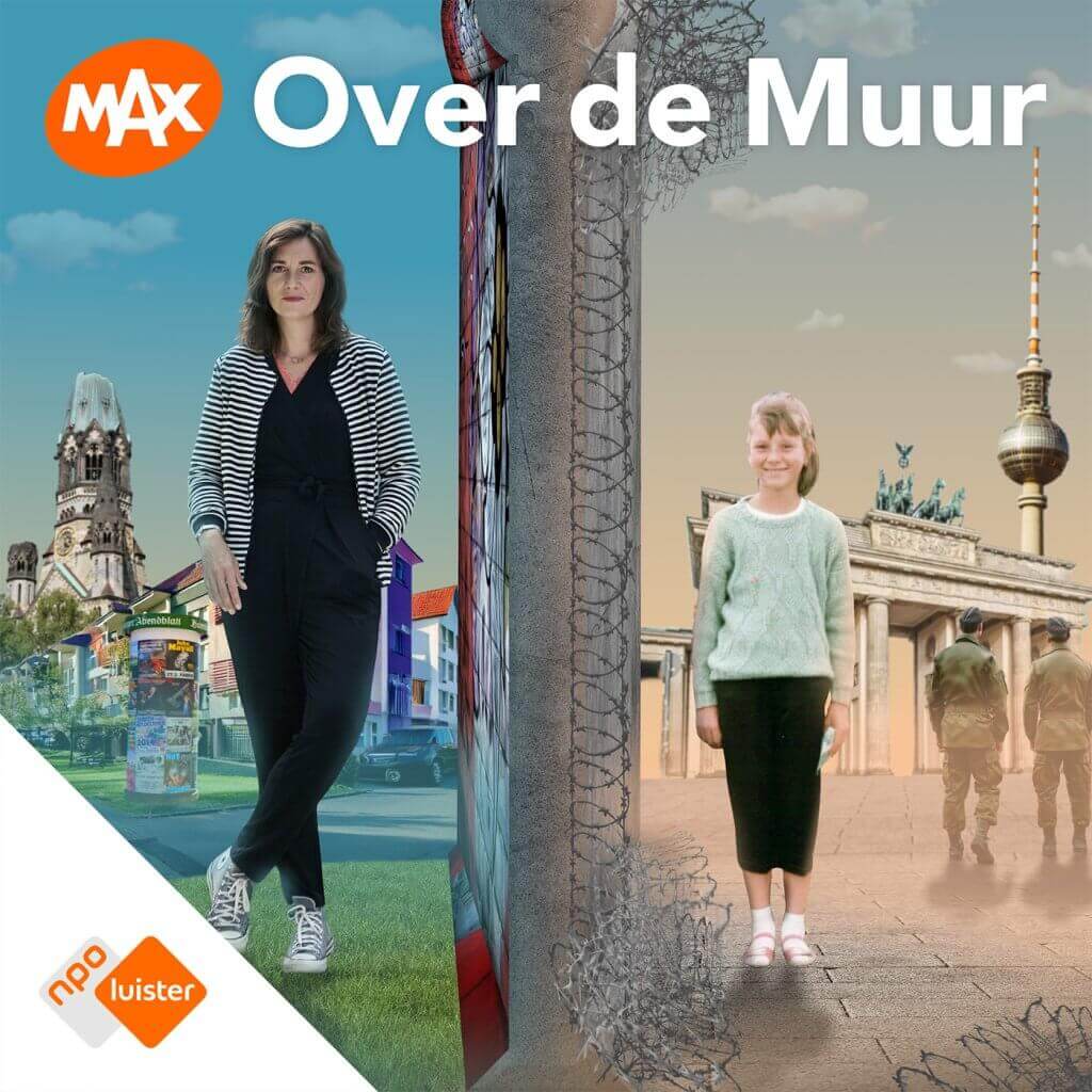 Over de Muur – MAX podcast cover showing a woman in West Berlin and a girl in East Berlin, divided by the Berlin Wall